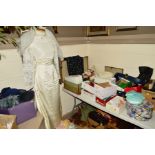 LADIES CLOTHING, to include a Berketex wedding dress, approximate size 10, twenty pairs of shoes,