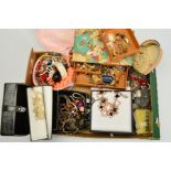 A BOX OF MAINLY COSTUME JEWELLERY, to include necklaces, bangles, bracelets, earrings, some silver