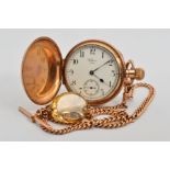A GOLD PLATED WALTHAM POCKET WATCH WITH A 9CT GOLD ALBERT CHAIN AND CITRINE SWIVEL FOB, the double