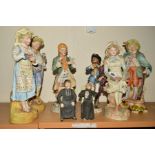 A GROUP OF BISQUE FIGURES etc, to include a Robinson & Leadbetter young girl with flowers, height