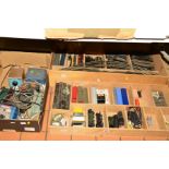 TWO WOODEN TRAYS CONTAINING A QUANTITY OF UNBOXED ASSORTED HO/OO GAUGE MODEL RAILWAY ITEMS, to