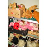 FIVE BOXES AND LOOSE SOFT TOYS AND GAMES etc, to include teddy bears, Bagpuss, cats, ducks, dogs,