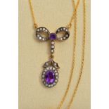 AN AMETHYST AND DIAMOND PENDANT, designed as a bow set with brilliant cut diamonds and central