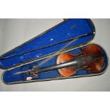 A CASED VIOLIN, one piece back, unmarked, needs restringing and bow needs restringing