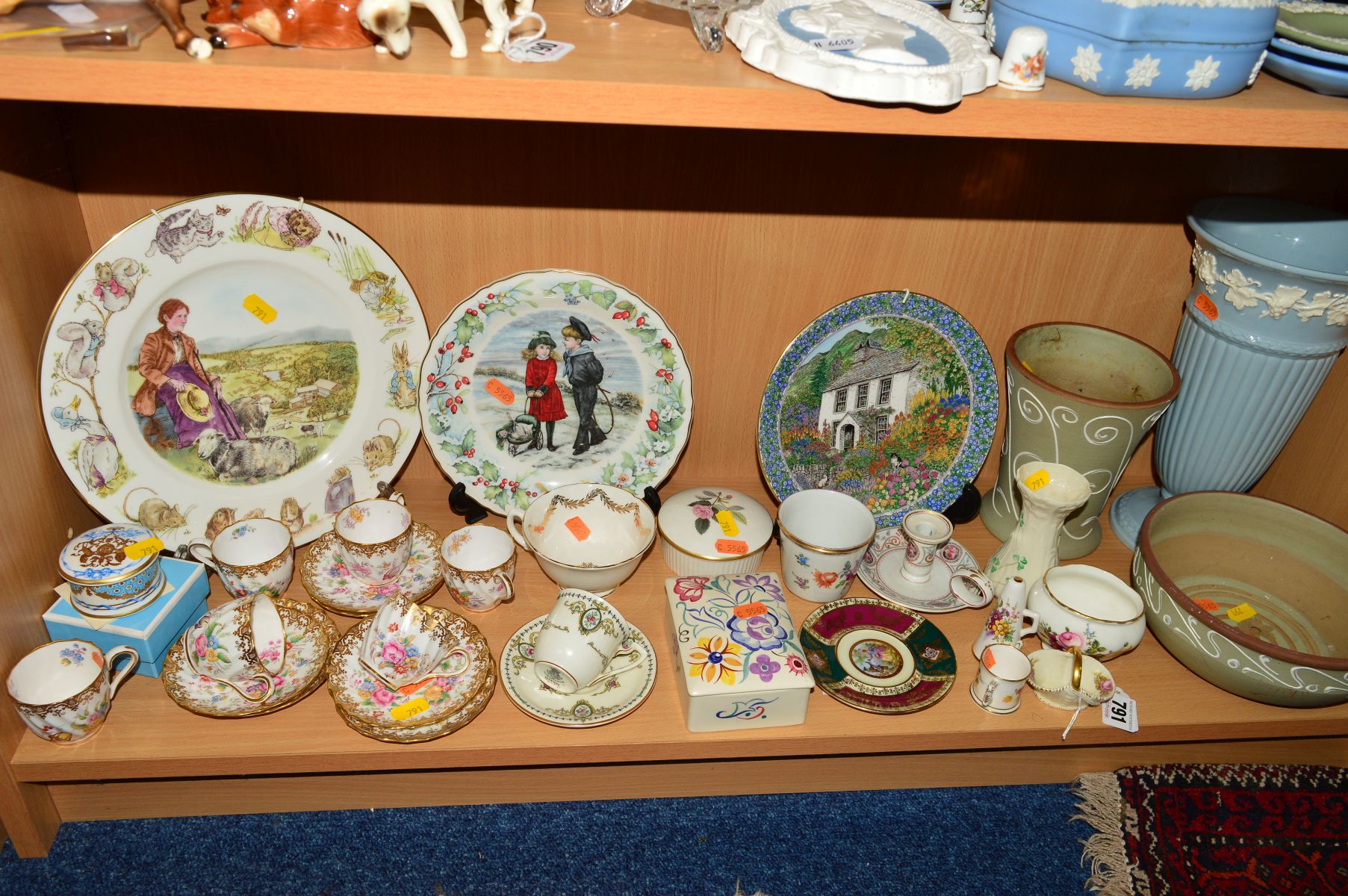 A GROUP OF CERAMICS, to include miniature Royal Worcester basket, Royal Crown Derby loving cup (
