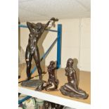 FOUR BRONZED SCULPTURES to include a nude figure stretching, indistinctly signed T.L. ???,