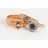 THREE RINGS, to include an early 20th Century 9ct gold buckle ring, with 9ct hallmark for Birmingham