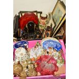 TWO BOXES OF CERAMICS, GLASS, PICTURES ETC, to include pair of modern porcelain figure groups,