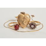 FOUR ITEMS OF JEWELLERY, to include a 9ct gold ruby and cubic zirconia cluster ring, ring size L,