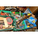 SIX PLASTIC BOXES OF VARIOUS HAND TOOLS AND MISCELLANEOUS, to include saws, vice, etc