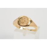 A 9CT GOLD SIGNET RING, engraved with scrolling initial DIA, with 9ct hallmark (rubbed), ring size