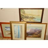 FOUR WATERCOLOUR PAINTINGS to include a Victorian style Scottish Highland's landscape, unsigned,