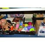 SEVEN BOXES OF CAMERAS, TOYS, BOOK, MAGAZINES, IRON etc, and a Goodmans stereo system, includes
