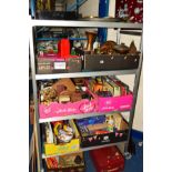 SIX BOXES, SUITCASE AND LOOSE SUNDRY ITEMS, to include pictures, tins, cameras, boxed Tetley