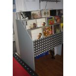 A GREY PAINTED LP RECORD CASCADE DISPLAY STAND WITH ALUMINIUM CHECKER PLATE FRONT,120x107x70cm (sd)