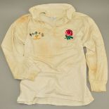 BARBARIAN SPORTSWEAR WHITE RUGBY SHIRT, with the England Red Rose logo on the left hand front and