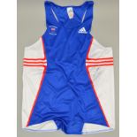 SIGNED ADIDAS RUNNING VEST, in blue and white with red horizontal stripes under the arms, the vest