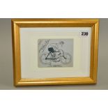 FRAMED AND SIGNED BLACK AND WHITE CARICATURE OF A CYCLIST, with the caption 'Le vincitor', dated