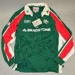 LEICESTER TIGERS COTTON TRADERS GREEN RUGBY SHIRT, with red and white shoulder piping, there is a