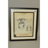 FRAMED AND GLAZED DRAWING OF MOSELEY'S VETERAN FLAY HALF HARRY HILL, with caption, artist is T.W. F,