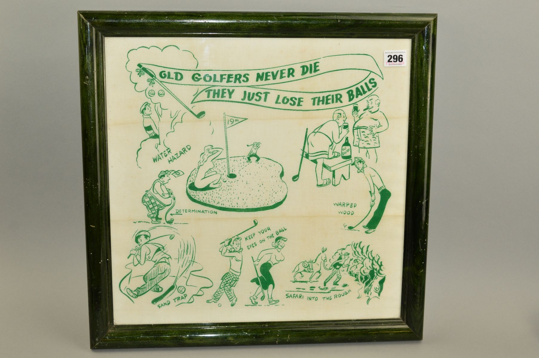 FRAMED GREEN AND WHITE LINEN WITH CARICATURES OF GOLFING SCENES, and captioned 'Old Golfers never