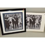 TWO FRAMED BLACK AND WHITE PHOTOGRAPHS OF A NAKED MAN BEING ESCOURTED FROM THE PITCH BY POLICEMEN,