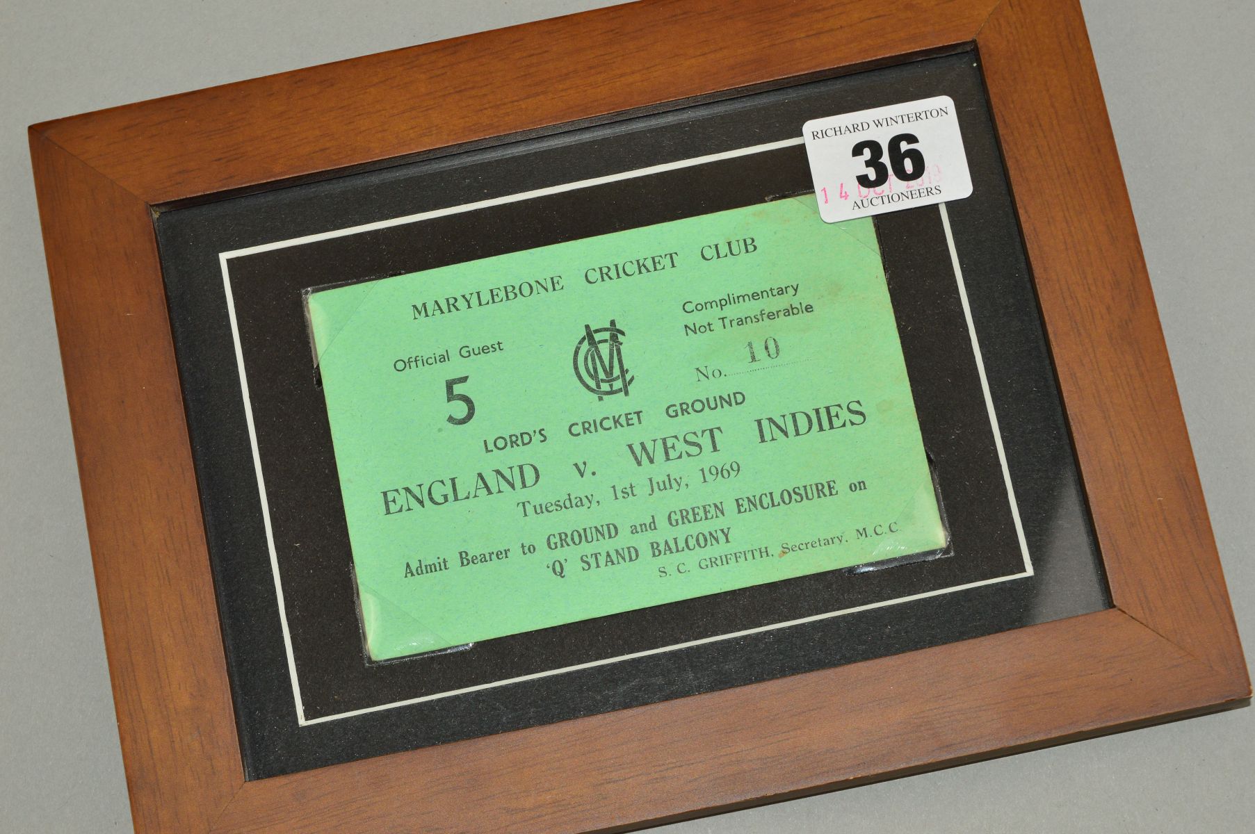 FRAMED AND GLAZED MCC - ENGLAND VS WEST INDIES TEST MATCH AT LORDS, official Guest ticket for the