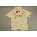 CRICKET SHIRT - KUKRISPORTS WHITE WITH RED PIPING LANCASHIRE SHIRT, the shirt has the Red Rose logo