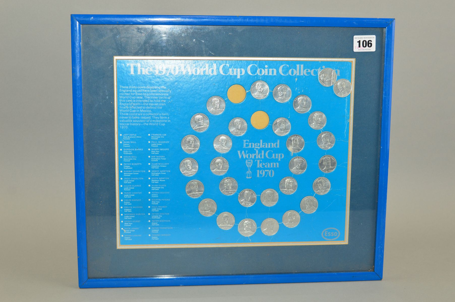 FRAMED AND GLAZED 1970 ESSO WORLD CUP COIN COLLECTION - ENGLAND WORLD CUP TEAM 1970, (full set)