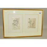 FRAMED AND GLAZED POSTCARD SIZE DRAWINGS OF ENGLAND PLAYERS W. G. RHODES AND J. HOBBS WITH CAPTIONS
