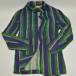 A GREEN AND BLUE JACKET, lighter blue vertical striping, makers name has been blocked out but the