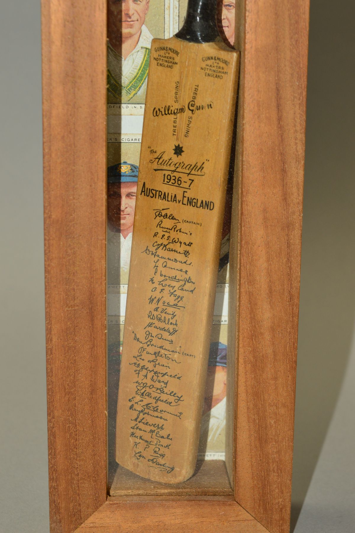 MINIATURE SIGNED CRICKET BATS, housed in individual wood and glass cases, teams are Australia and - Image 2 of 4