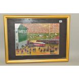FRAMED OIL/WATERCOLOUR PAINTING OF A MATCH AT TWICKENHAM SHOWING THE PLAYERS, SPECTATORS AND A