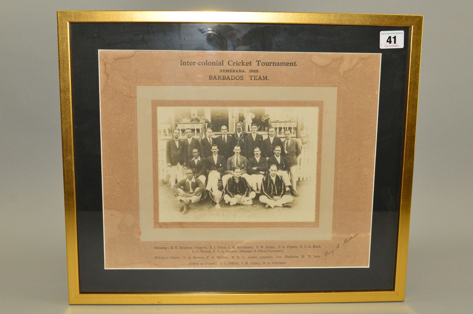 FRAMED AND GLAZED 1922 BARBADOS TEAM PHOTOGRAPH, for the Inter Colonial cricket tournament played at