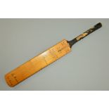 AUTOGRAPHED CRICKET BAT CONTAINING THE SIGNATURES of RICHIE BENAUD, KEITH MILLER & NEIL HARVEY,