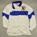 TSV HALBRO WHITE AND BLUE RUGBY SHIRT, the shirt has a logo of a lion and rugby ball with the