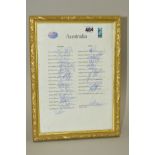 FRAMED AND GLAZED 1999 RUGBY WORLD CUP AUSTRALIA TEAM AUTOGRAPHS, names of players and their