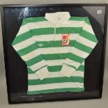 FRAMED UMBRO GREEN AND WHITE STRIPED RUGBY SHIRT, with the Rugby Union Writers Club invitation XV