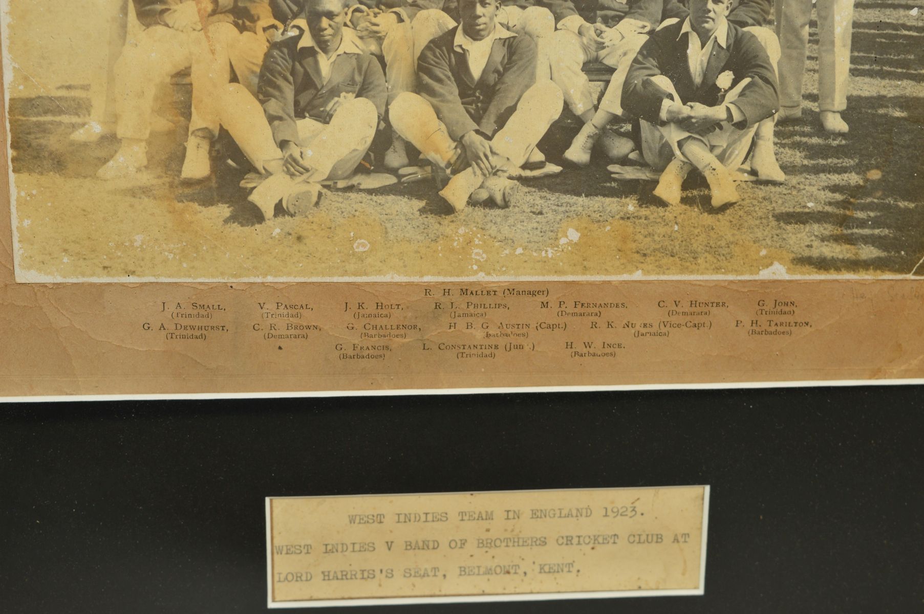 FRAMED 1923 WEST INDIES TOURING TEAM PHOTOGRAPH, taken at Lord Harris's Seat Belmont, Kent on the - Image 2 of 2