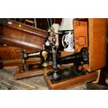 TWO OAK CASED SINGER SEWING MACHINES and a Jones sewing machine (sd)(3)