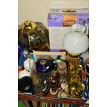 A BOX AND LOOSE SUNDRY ITEMS, to include oil lamps, brass candlesticks, boxed Whirlbath and Foot