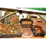 FOUR BOXES AND LOOSE SUNDRY ITEMS, to include various brasswares, Pilot bakelite radio, various