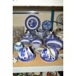 A QUANTITY OF BLUE AND WHITE CERAMICS, FACTORIES to include Ridgway, Woods Ware, Burleigh Ware,