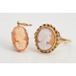 A 9CT CAMEO RING AND CAMEO PANEL, the ring designed as a cameo panel depicting a lady in profile,