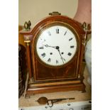 AN EDWARDIAN MAHOGANY AND INLAID BRACKET CLOCK, brass carry handle and acorn finials, enamel dial