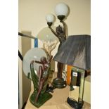 FOUR VARIOUS TABLE LAMPS, to include a Next mirrored lamp, and three Deco style figural lamps (