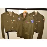 THREE WWII STYLE US ARMY DRESS UNIFORM JACKETS, two short Battle Dress, all with ribbons collar