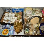 THREE BOXES AND LOOSE CERAMICS, METALWARES, GLASSWARE, etc, including Wedgwood jasperware, Royal