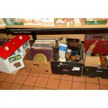 THREE BOXES OF SUNDRIES AND A DOLLS HOUSE WITH FURNITURE, to include records, coins, metalwares,