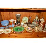 A GROUP OF CERAMICS, to include Majolica bread plate, length 34cm, two Aynsley fruit decorated